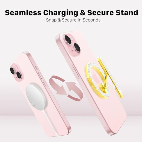 حامل حلقة هاتف مغناطيسي مع مسند قابل للتعديل، متوافق مع تصميم بروش iPhone مع سطح لامع، يتضمن حلقة محول لجميع موديلات الهاتف ذهبي معدني وفضي لامع in Saudi Arabia