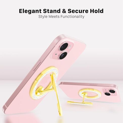 حامل حلقة هاتف مغناطيسي مع مسند قابل للتعديل، متوافق مع تصميم بروش iPhone مع سطح لامع، يتضمن حلقة محول لجميع موديلات الهاتف ذهبي معدني وفضي لامع in Saudi Arabia