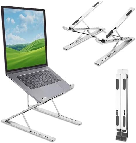 Metal Adjustable Laptop Stand, Double Layer Laptop Riser for Desk, Foldable and Portable Notebook Stand Compatibility for 10" to 18" Laptops (Silver) in Saudi Arabia