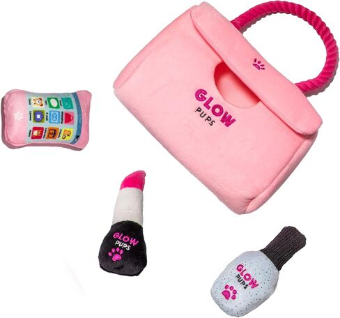 Hide and Seek Dog Toy Set, Pink Purse with Plush Toys, Squeakers, Crinkle Material, Rope Handle, for Small Dogs (Pink Purse Dog Toy with Lipstick, Cell Phone and Nail Polish Toys) in Kuwait