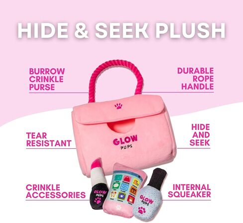 Hide and Seek Dog Toy Set, Pink Purse with Plush Toys, Squeakers, Crinkle Material, Rope Handle, for Small Dogs (Pink Purse Dog Toy with Lipstick, Cell Phone and Nail Polish Toys) in Kuwait