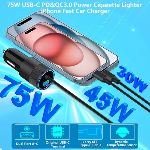 【Apple MFi Certified】iPhone 16 Fast Car Charger, Braveridge 75W USB-C PD&QC3.0 Car Power Cigarette Lighter USB Charger Adapter with 6FT Type-C Cable for iPhone 16 Pro/16 Pro Max/15/15 Pro/Galaxy/Pixel in Saudi Arabia