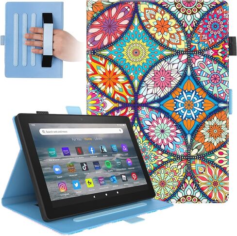 Dteck Folio Case for All-New Kindle Fire HD 10 & Fire HD 10 Plus 11th Generation 10.1 inch 2021 Release,Shockproof Protective PU Leather Case with Hand Strap Smart Stand Magnetic Cover,Stained Glass in Kuwait