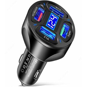 66W 4 Ports: USB Cigarette Lighter Adapter,Super Port Voltage Monitor LED Display Fast Charging Cigarette Adapter. Compatible with iPhone Series, Samsung Devices Google Pixel (Black)