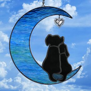 Dog Memorial Gifts for Loss of Dog, Pet Sympathy Gifts for Dogs Lovers, Handmade Stained Glass Dog on Moon Memorial Gift (Yellow Dog on Transparent Ripple Moon)