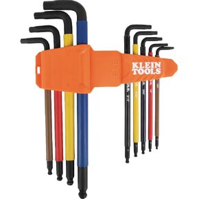 Klein Tools BLS9 9-Piece Extra-Long Hex Key Set, SAE Color-Coded L Style Ball-End Keys with Caddy, Heat-Treated, Sizes 7/64-Inch to 3/8-Inch