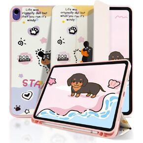 Case for iPad Air 11 Inch Case M2(2024), White Cartoon Slim Trifold Stand Case, Soft TPU Fram, Pencil Holder and Auto Sleep/Wake Cover for iPad Air 6th/5th/4th Generation
