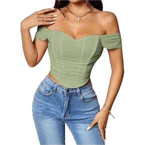 SHENHE Women's Off Shoulder Mesh Corset Bustier Short Sleeve Ruched Zip Back Sexy Crop Top