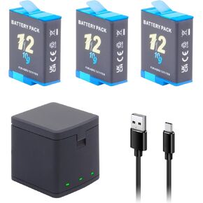 Hero 9 10 11 12 Battery 3-Pack Charger Kit for GoPro Hero 12 Hero 11 Hero 10 Hero 9 Black Official with USB Storage 3-Channel Fast Charger, Battery Capacity 3.85V 2000mah Lithium Ion Batteria