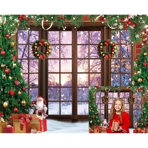 Christmas Backdrop Winter Wonderland Merry Christmas Photo Backdrop for Photography 10x8ft Window Snow Xmas Tree Background Christmas Party Backdrop Pictures Kids Baby Family Studio Props