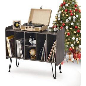 Asnefeli Record Player Table, Large Turntable Stand with Beech Wood Legs, Mid-Century Record Player Stand, Record Cabinet Stand for Bedroom Living Music Room Holds Up to 300 Albums (Brown)