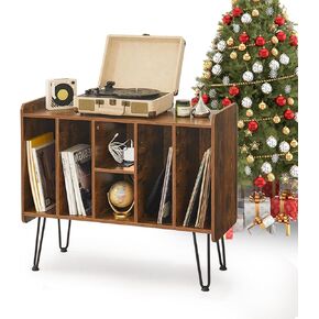 Asnefeli Record Player Table, Large Turntable Stand with Beech Wood Legs, Mid-Century Record Player Stand, Record Cabinet Stand for Bedroom Living Music Room Holds Up to 300 Albums (Brown) in Saudi Arabia