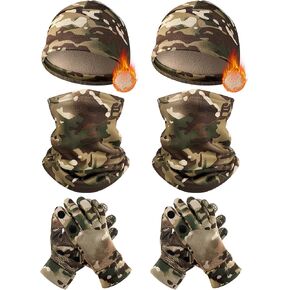 Eurzom 6 Pcs Men's Camo Fleece Hat Gloves Neck Gaiter Set Hunting Gift Warm Accessories Including Windproof Fleece Lined Beanies Full Finger Gloves Camouflage Neck Warmers for Cold Weather Outdoors