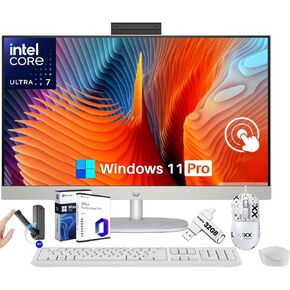 HP All-in-One Desktop PC, 27" FHD Touch Screen, Intel 12-core Ultra 7 155U, 32 GB DDR5, 2 TB SSD, Wireless KB & Mouse, Windows 11 Pro & Office 2024 Lifetime License, Mouse, Headphone Stand, 32GB UFD