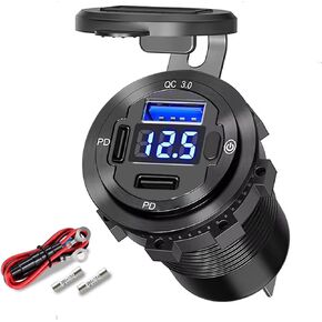 90W USB C Car Fast Charging Adapter with 3 Ports,Waterproof Cigarette Lighter USB Charger,for 12-24V Boats,Trucks,Power Saving Voltmeter