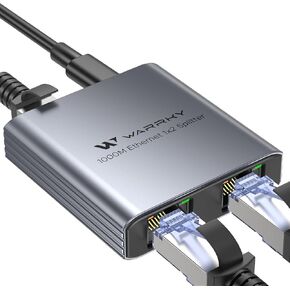WARRKY Ethernet Splitter 1 to 2, 1000Mbps High Speed RJ45 Internet Splitter, [0.55inch Ultra Slim, Integrally Molded Aluminum Case] Gigabit LAN Splitter with USB-C Power Cable, for Cat5/5e/6/7/8 Cable