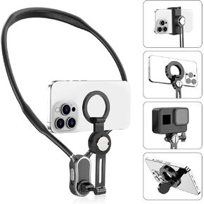 Magnetic Neck Mount for Phones - 4 in 1 Hand Free Chest Stand Video Recording POV Vlog Flexible for All Smartphone with Spring Clip and Action Camera Holder