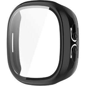 Disscool Full Coverage Case with Screen Protector Compatible with Fitbit Ace LTE PC and Real Glass Protective Case Cover Smart Watch Accessories(PC/Black)