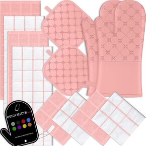 Oven Mitts Kitchen Towels Dishcloths with Pot Holders Sets 12PCS, Dish Towels Sets, Oven Gloves Pot Pads Heat Resistant 500 Degrees with Non-Slip Silicone Surface for Cooking Baking Grilling-Gray
