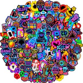 Water Bottle Stickers 100 Pcs Cool Neon Stickers, Stickers for Kids Adults Teens, Waterproof Vinyl Stickers, Stickers for Laptop Skateboard Journal Notesbooks Computer Phone Mug Guitar Suitcase etc