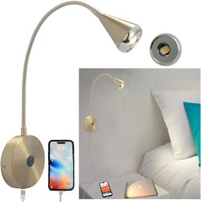 HomeFocus-LED Reading Wall Lamp with USB Charging Port,Eye-Caring,Flexible Gooseneck,Bedside Wall Lamp,Wall Sconces,Wall Light for Living Room,Bedroom,LED 5W,Metal,Gold.