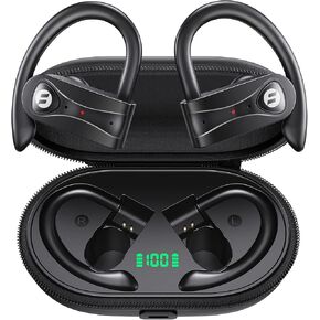 Bluetooth Headphones Noise Canceling 4 Mics Clear Call Stereo Bass Sound 60H Playtime Wireless Charging Case Over Ear Earphones LED Digital Display Headset with Earhooks for Sports Running Workout Gym