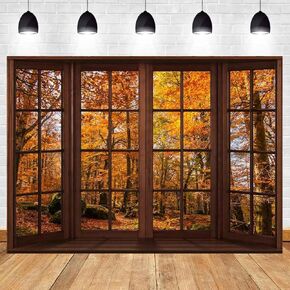 Autumn Window Scenery Backdrop for Photography, Autumn Maple Leaves Background Banner, Season Natural Scenery Wall Decor Photo Studio Props 9x6ft