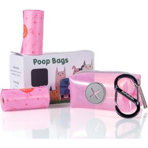 Dog Poop Bag Holder, Pink Dog Bag Holder for Leash and 1 S-Shape Carabiner Clip, 2 Pink Dog Poop Bags Rolls (30 Count, Scented)