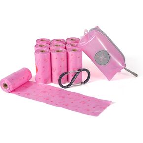 حامل حقيبة براز الكلاب، حامل حقيبة وردي للمقود ومشبك حلقة تسلق على شكل حرف S، 2 رول أكياس براز الكلاب باللون الوردي (30 قطعة، معطرة) in Kuwait