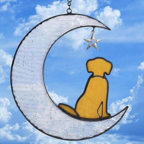Dog Memorial Gifts for Loss of Dog, Pet Sympathy Gifts for Dogs Lovers, Handmade Stained Glass Dog on Moon Memorial Gift (Yellow Dog on Transparent Ripple Moon) in Kuwait