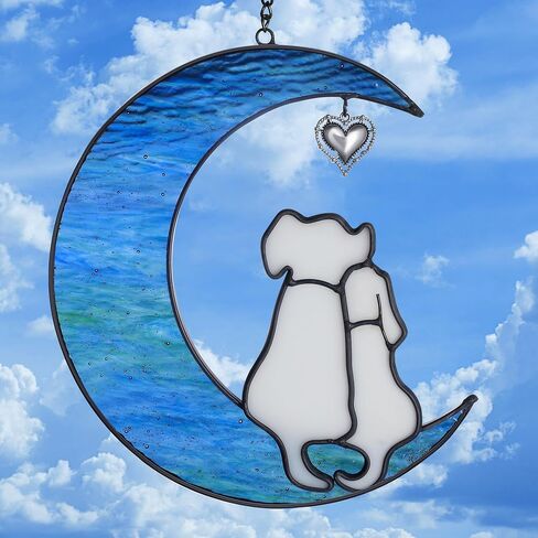Dog Memorial Gifts for Loss of Dog, Pet Sympathy Gifts for Dogs Lovers, Handmade Stained Glass Dog on Moon Memorial Gift (Yellow Dog on Transparent Ripple Moon) in Kuwait