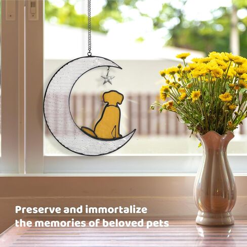 Dog Memorial Gifts for Loss of Dog, Pet Sympathy Gifts for Dogs Lovers, Handmade Stained Glass Dog on Moon Memorial Gift (Yellow Dog on Transparent Ripple Moon) in Kuwait