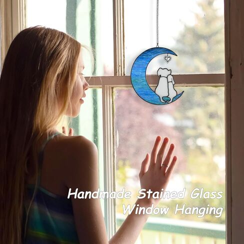 Dog Memorial Gifts for Loss of Dog, Pet Sympathy Gifts for Dogs Lovers, Handmade Stained Glass Dog on Moon Memorial Gift (Yellow Dog on Transparent Ripple Moon) in Kuwait