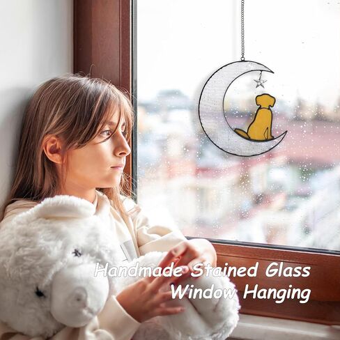 Dog Memorial Gifts for Loss of Dog, Pet Sympathy Gifts for Dogs Lovers, Handmade Stained Glass Dog on Moon Memorial Gift (Yellow Dog on Transparent Ripple Moon) in Kuwait