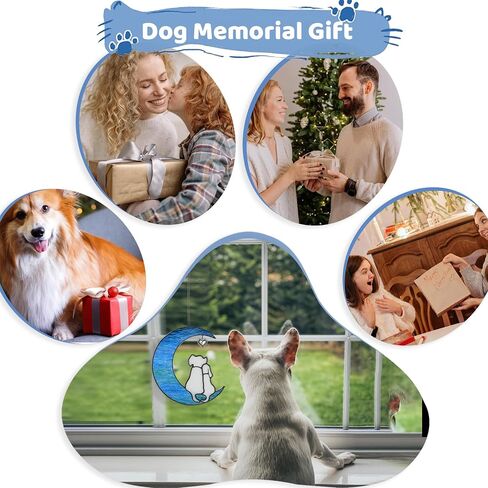Dog Memorial Gifts for Loss of Dog, Pet Sympathy Gifts for Dogs Lovers, Handmade Stained Glass Dog on Moon Memorial Gift (Yellow Dog on Transparent Ripple Moon) in Kuwait