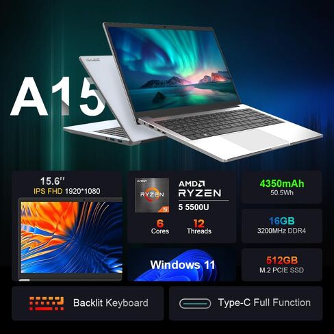 كمبيوتر محمول A15، شاشة FHD مقاس 15.6 بوصة، معالج AMD Ryzen 5 5500U سداسي النواة (تغلب على Intel i7-1065G7)، ذاكرة الوصول العشوائي 16 جيجابايت، 512 جيجابايت PCIe SSD، HDMI، لوحة مفاتيح بإضاءة خلفية، وظيفة كاملة من النوع C، Windows 11 in Kuwait