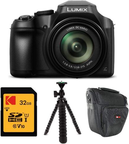 كاميرا باناسونيك DC-FZ80K LUMIX FZ80 18.1 ميجابكسل 4K 60x طويلة التكبير مع بطاقة Kodak سعة 32 جيجابايت، وحقيبة حافظة، وحزمة حامل ثلاثي القوائم عنكبوت مرن مقاس 12 بوصة (4 عناصر) in Saudi Arabia