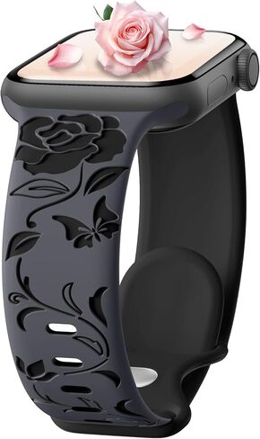 GEAK Stylish Floral Engraved Band Compatible with Apple Watch Band 40mm 38mm 41mm 49mm 45mm 44mm 42mm Women, Two-Tone Flower Soft Silicone Cute Sport Strap for iWatch Series 9 8 7 6 5 4 3 2 1 SE Ultra in Kuwait