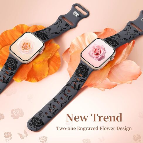 GEAK Stylish Floral Engraved Band Compatible with Apple Watch Band 40mm 38mm 41mm 49mm 45mm 44mm 42mm Women, Two-Tone Flower Soft Silicone Cute Sport Strap for iWatch Series 9 8 7 6 5 4 3 2 1 SE Ultra in Kuwait