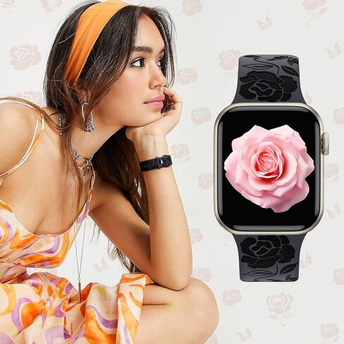 GEAK Stylish Floral Engraved Band Compatible with Apple Watch Band 40mm 38mm 41mm 49mm 45mm 44mm 42mm Women, Two-Tone Flower Soft Silicone Cute Sport Strap for iWatch Series 9 8 7 6 5 4 3 2 1 SE Ultra in Kuwait