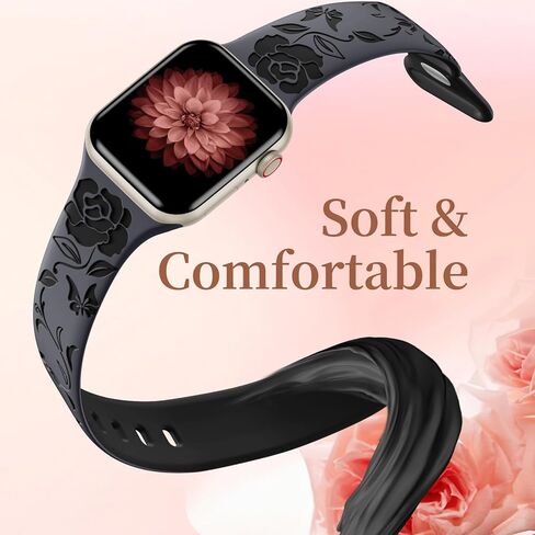 GEAK Stylish Floral Engraved Band Compatible with Apple Watch Band 40mm 38mm 41mm 49mm 45mm 44mm 42mm Women, Two-Tone Flower Soft Silicone Cute Sport Strap for iWatch Series 9 8 7 6 5 4 3 2 1 SE Ultra in Kuwait