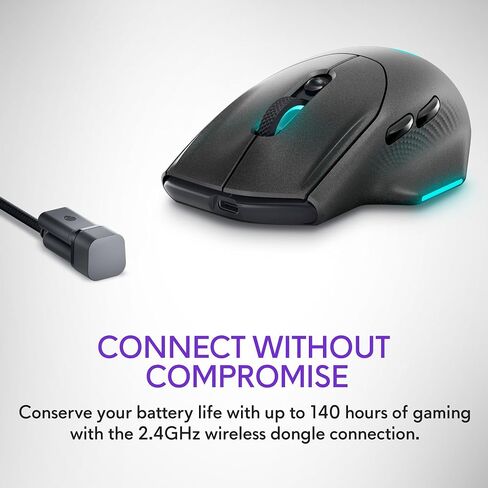 ماوس الألعاب اللاسلكي Alienware AW620M - لاسلكي/سلكي، 1 × USB - 4 دبابيس USB من النوع A، 26000 نقطة في البوصة، وزن 3.52 أونصة (99 جم)، 7 أزرار، قبضة غير قابلة للانزلاق، ما يصل إلى 140 ساعة من الألعاب - الجانب المظلم من القمر in Saudi Arabia