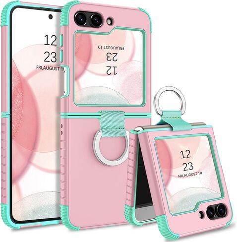 GUAGUA متوافق مع جراب Samsung Galaxy Z Flip 5 5G 6.7 بوصة هجين 2 في 1 من البولي كربونات الصلب الناعم من مادة TPU شديدة التحمل ومضادة للصدمات غطاء هاتف واقٍ لكامل الجسم لهاتف Samsung Z Flip5، وردي/نعناعي in Saudi Arabia