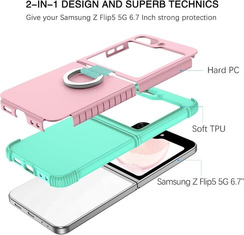 GUAGUA متوافق مع جراب Samsung Galaxy Z Flip 5 5G 6.7 بوصة هجين 2 في 1 من البولي كربونات الصلب الناعم من مادة TPU شديدة التحمل ومضادة للصدمات غطاء هاتف واقٍ لكامل الجسم لهاتف Samsung Z Flip5، وردي/نعناعي in Saudi Arabia