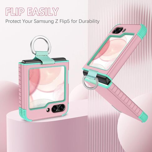 GUAGUA متوافق مع جراب Samsung Galaxy Z Flip 5 5G 6.7 بوصة هجين 2 في 1 من البولي كربونات الصلب الناعم من مادة TPU شديدة التحمل ومضادة للصدمات غطاء هاتف واقٍ لكامل الجسم لهاتف Samsung Z Flip5، وردي/نعناعي in Saudi Arabia