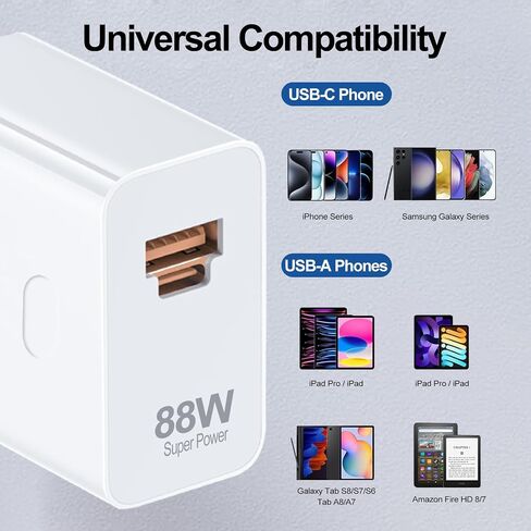 كتلة شاحن USB C من KIKETECH، شاحن حائط سريع 88 وات لهواتف iPhone 15 14 13 12 11/Pro/Max/XS/XR/8/7، وSamsung، وLG، وMoto، وHTC، وهواتف Android والمزيد، مع كابل USB C بطول 5 أقدام in Kuwait