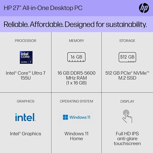 كمبيوتر مكتبي HP الكل في واحد بشاشة لمس مقاس 27 بوصة - مع ترخيص مدى الحياة للمكتب | وحدة المعالجة المركزية Intel 12-Core Ultra 7 155U | ذاكرة وصول عشوائي DDR5 سعة 32 جيجابايت | SSD سعة 2 تيرابايت | شاشة عرض ثلاثية الجوانب | WiFi 6 | كاميرا ويب عالية الدقة in Saudi Arabia