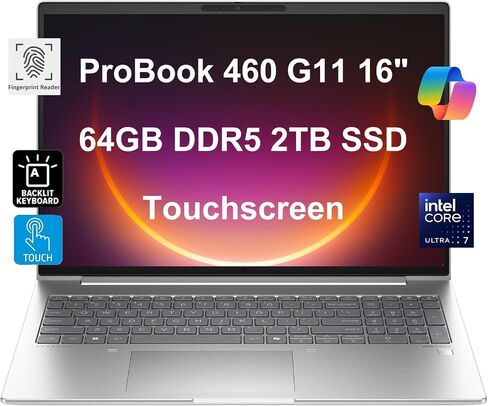 ProBook 460 G11 Business Laptop (16" FHD+ Touchscreen, Ultra 7 155U, 64GB DDR5 RAM, 2TB SSD, 12-Core ( > i7 )) Backlit, 5MP IR Webcam, Fingerprint, Wi-Fi 6E, Ethernet, Win 11 Pro w/AI Copilot in Saudi Arabia