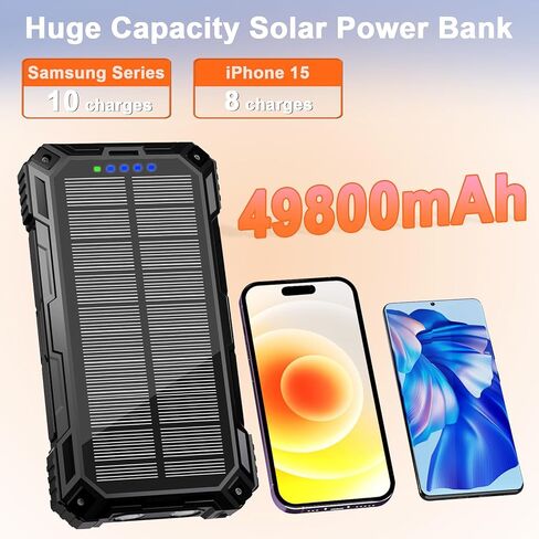 بنك الطاقة لشاحن الطاقة الشمسية من WONGKUO - شاحن هاتف شمسي بقدرة 49800 مللي أمبير في الساعة مع مدخل/مخرج USB-C، شحن سريع QC 3.0 مع مصباح يدوي LED، بنك طاقة محمول مدمج بـ 4 كابلات، IP65 مقاوم للماء مناسب للأماكن الخارجية in Kuwait