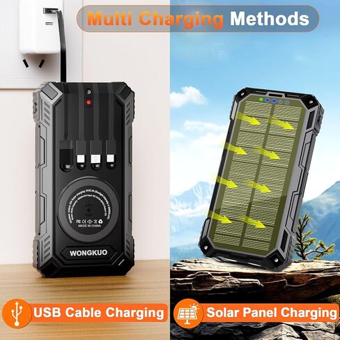 بنك الطاقة لشاحن الطاقة الشمسية من WONGKUO - شاحن هاتف شمسي بقدرة 49800 مللي أمبير في الساعة مع مدخل/مخرج USB-C، شحن سريع QC 3.0 مع مصباح يدوي LED، بنك طاقة محمول مدمج بـ 4 كابلات، IP65 مقاوم للماء مناسب للأماكن الخارجية in Kuwait